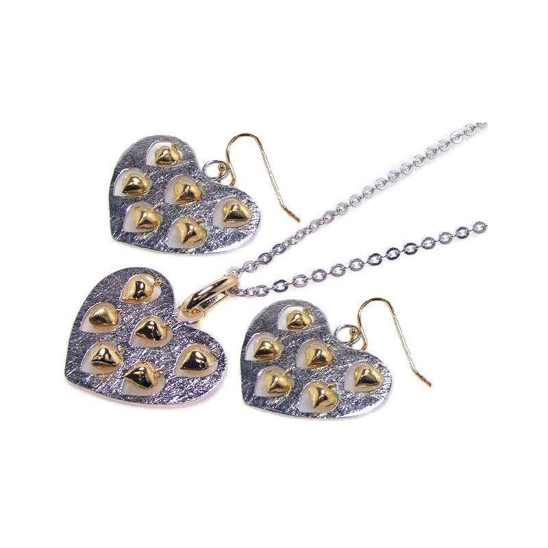 Closeout-Two-Tone 925 Sterling Silver Heart Necklace and Earrings Set with Mini Dangling Hearts - STS00072