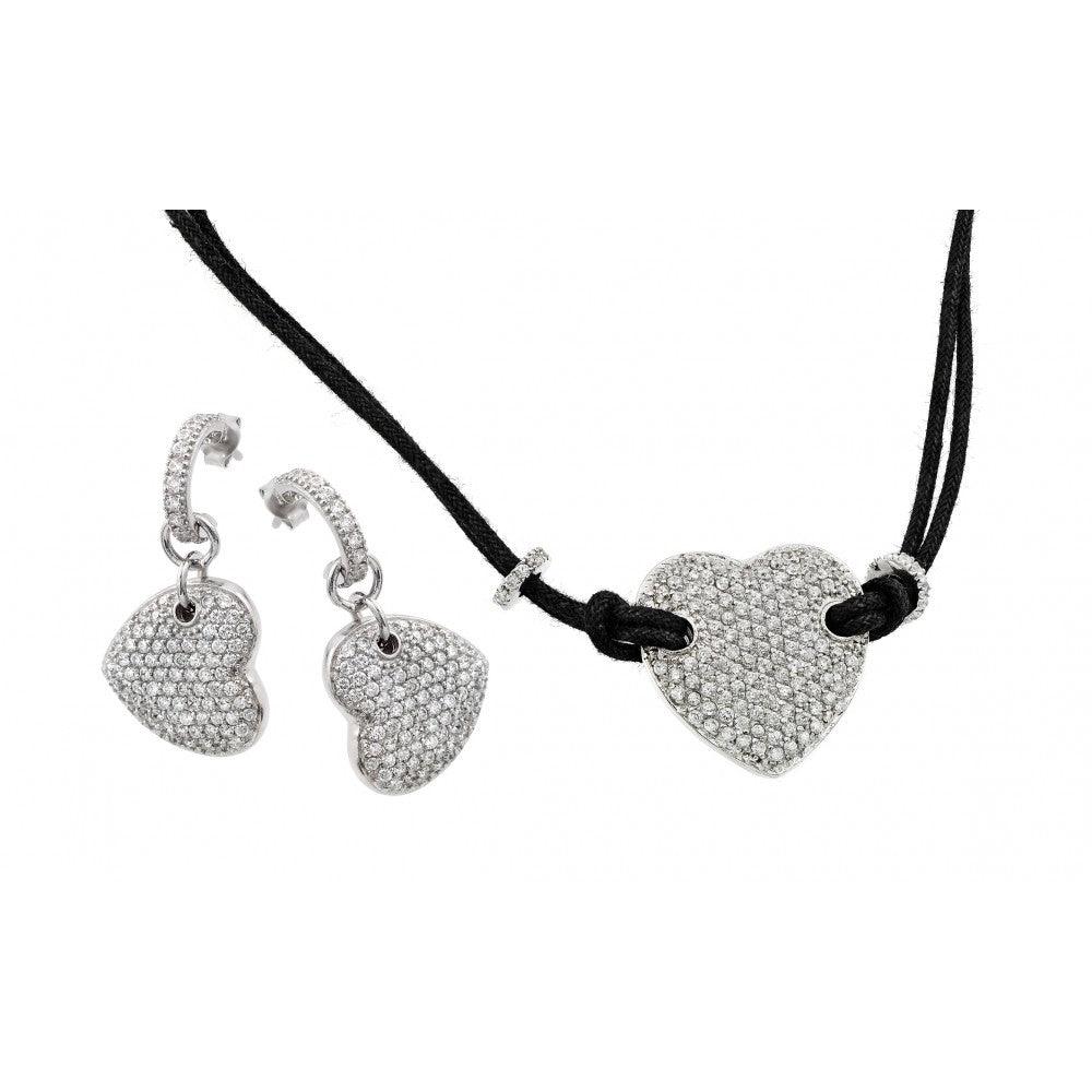 Closeout-Silver 925 Rhodium Plated Heart CZ Dangling Stud Earring and Black Escape Rope Necklace Set - STS00094