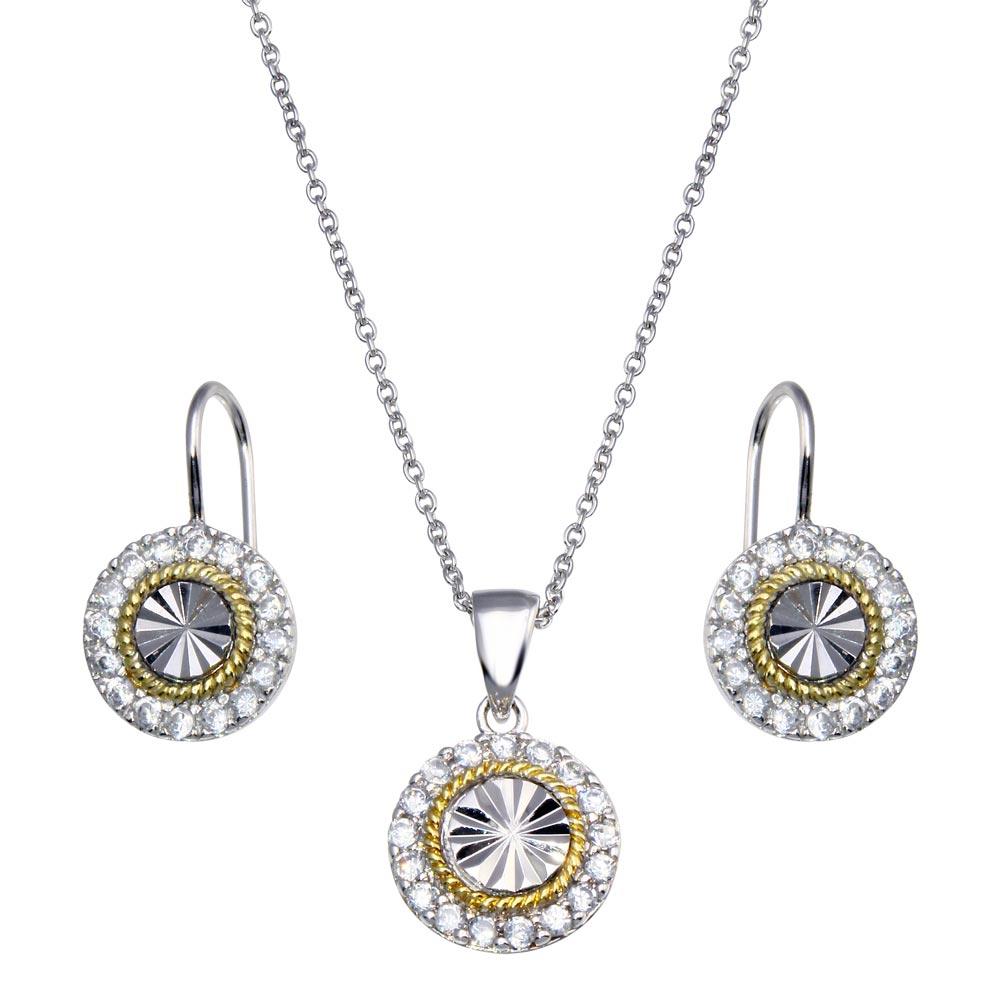 Closeout-Silver 925 Gold and Rhodium Plated Round CZ Stud Earring and Necklace Set - STS00095