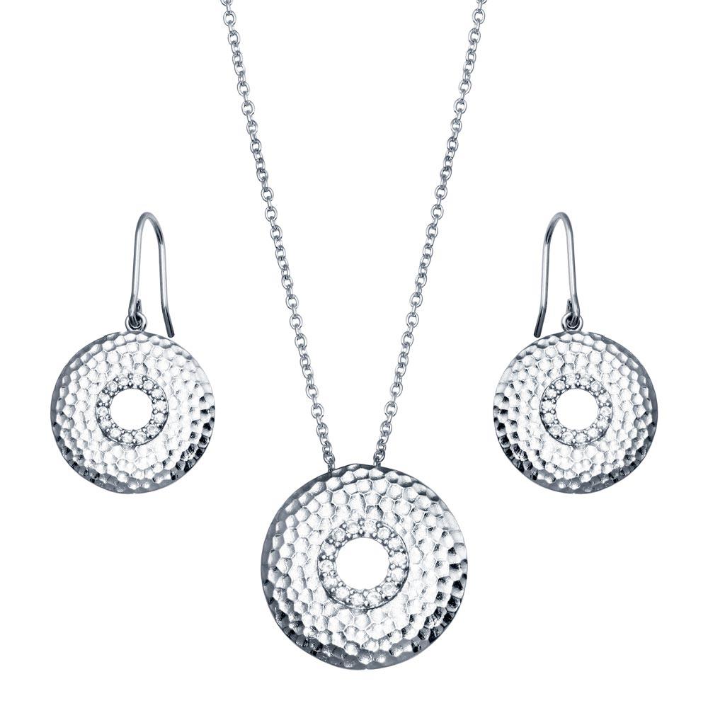 Closeout-Silver 925 Rhodium Plated Round CZ Hook Earring and Necklace Set - STS00101