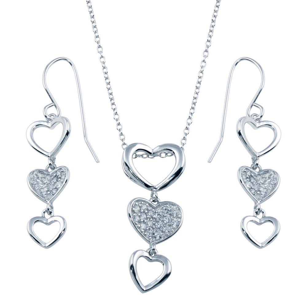 Rhodium Plated 925 Sterling Silver Multiple Graduated Open and Closed Heart CZ Hook Earring and Necklace Set - STS00103