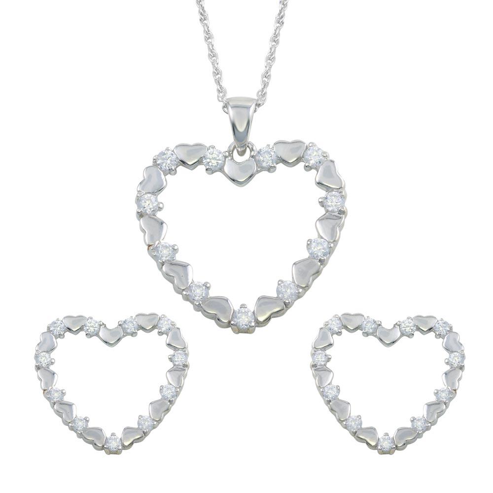 Silver 925 Rhodium Plated Open Heart CZ Stud Earring and Necklace Set - STS00127