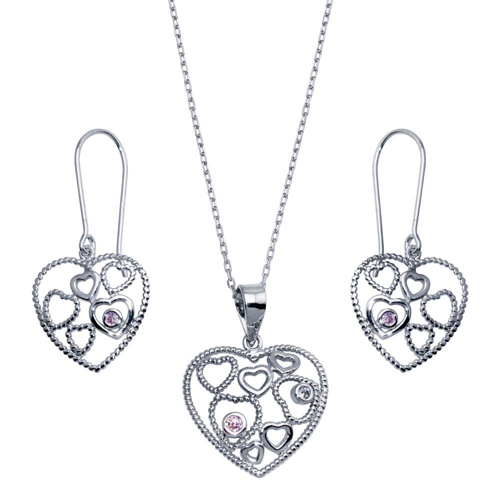 Closeout-Silver 925 Rhodium Plated Graduated Multiple Open Heart CZ Hook Earring and Necklace Set - STS00143