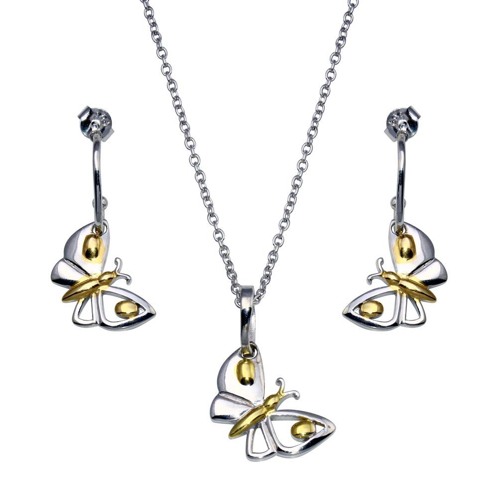 Closeout-Silver 925 Gold and Rhodium Plated Butterfly CZ Dangling Hook Earring and Necklace Set - STS00146