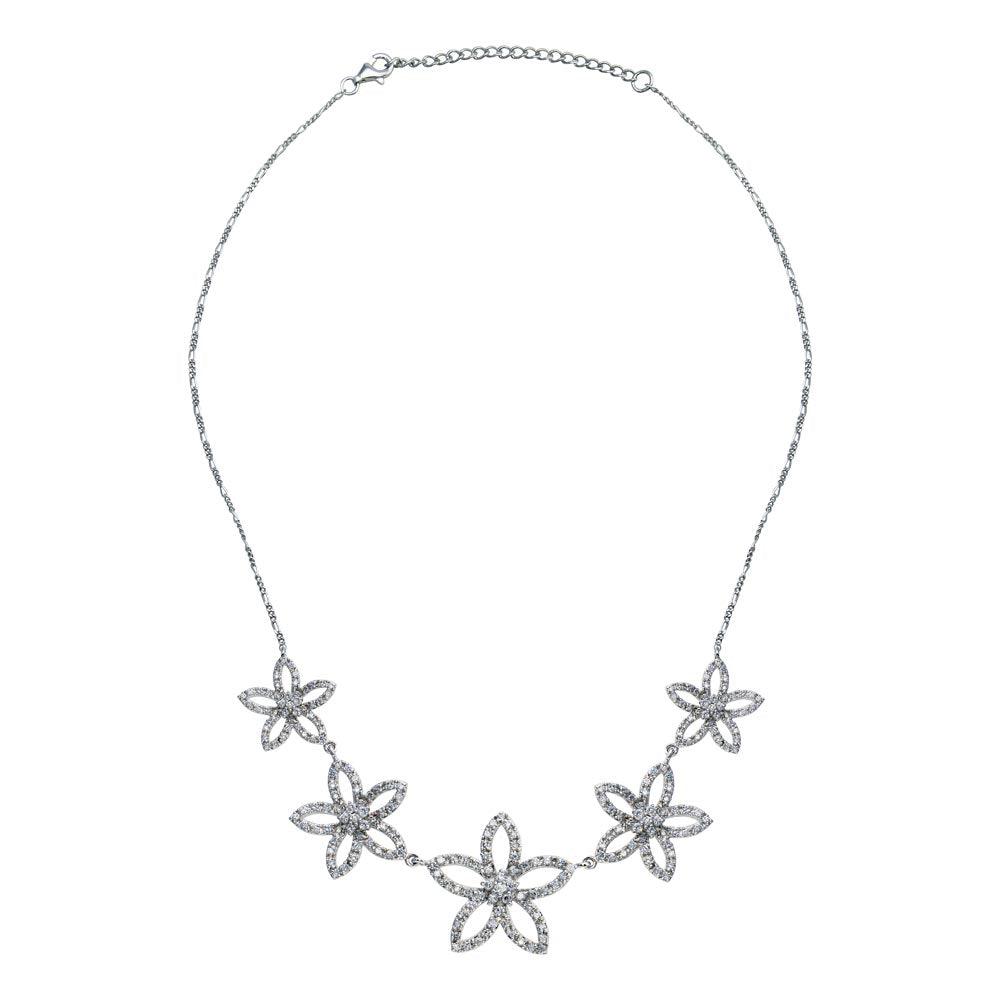 Closeout-Silver 925 Rhodium Plated Open Flower CZ Stud Earring and Necklace Set - STS00148