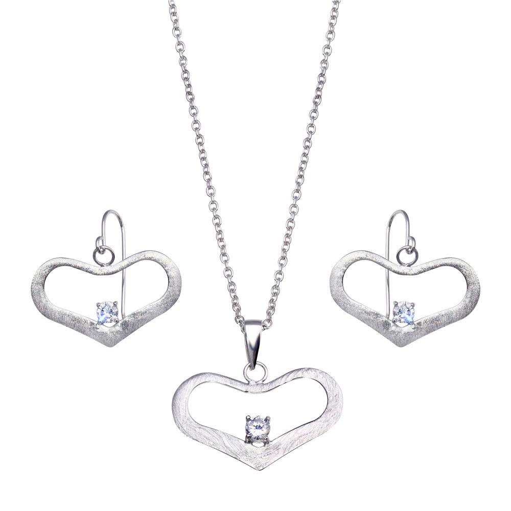 Closeout-Silver 925 Rhodium Plated Open Wide Heart CZ Dangling Hook Earring and Necklace Set - STS00155