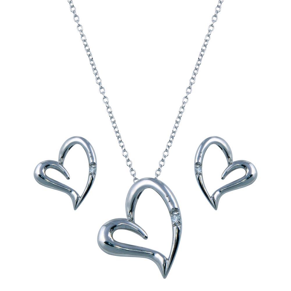 Rhodium Plated 925 Sterling Silver Open Heart CZ Stud Earring and Necklace Set - STS00159