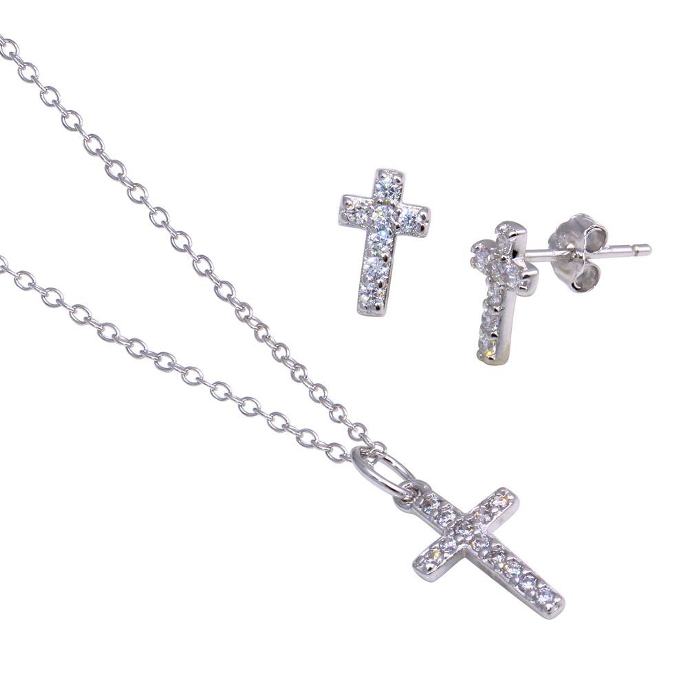 Silver 925 Rhodium Plated Cross CZ Stud Earring and Necklace Set - STS00169