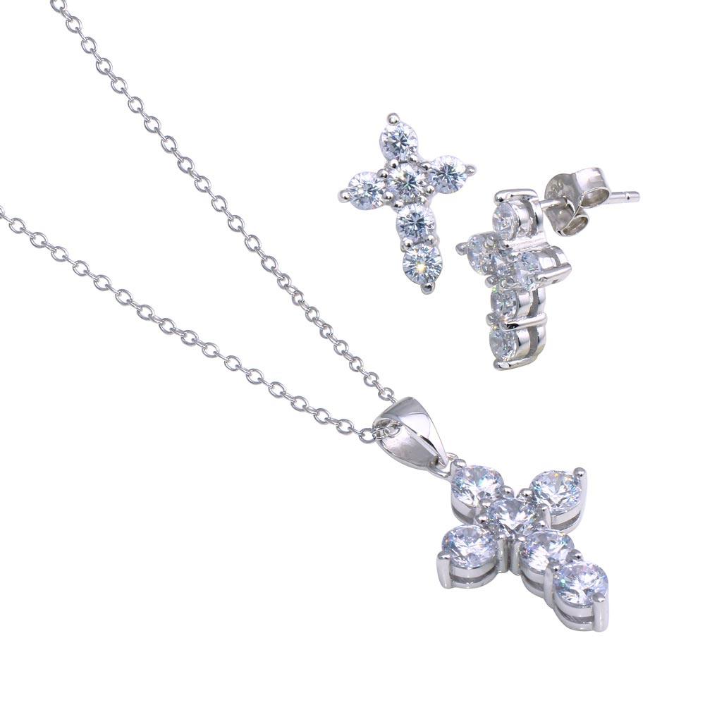 Silver 925 Rhodium Plated Cross CZ Stud Earring and Necklace Set - STS00173