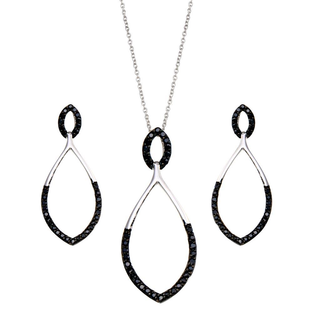 Closeout-Silver 925 Black and Rhodium Plated Open Teardrop Marquis CZ Stud Earring and Necklace Set - STS00183