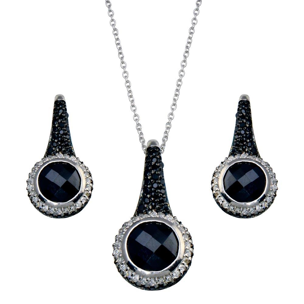 Closeout-Silver Black and Rhodium Plated Round CZ Hook Earring and Necklace Set - STS00185