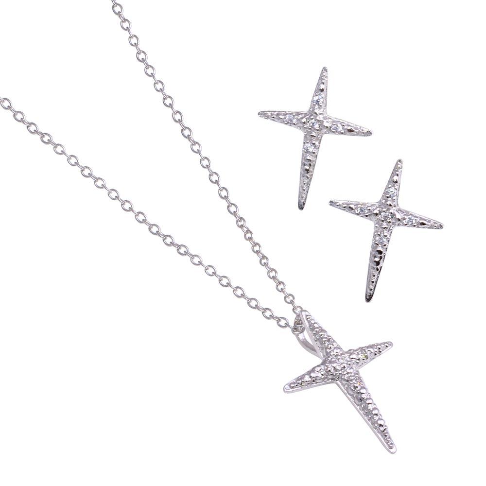 Silver 925 Rhodium Plated Sharp Cross Star CZ Stud Earring and Necklace Set - STS00199