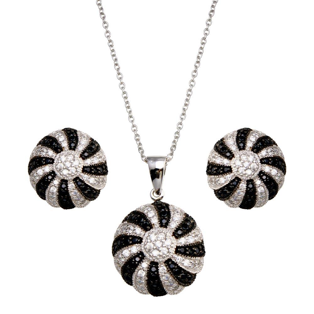 Closeout-Silver 925 Rhodium Plated Round Black and Clear CZ Earring and Necklace Set - STS00212