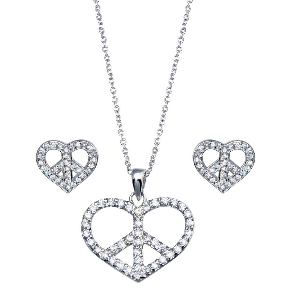 Silver 925 Rhodium Plated Open Heart Peace Sign CZ Stud Earring and Necklace Set - STS00217