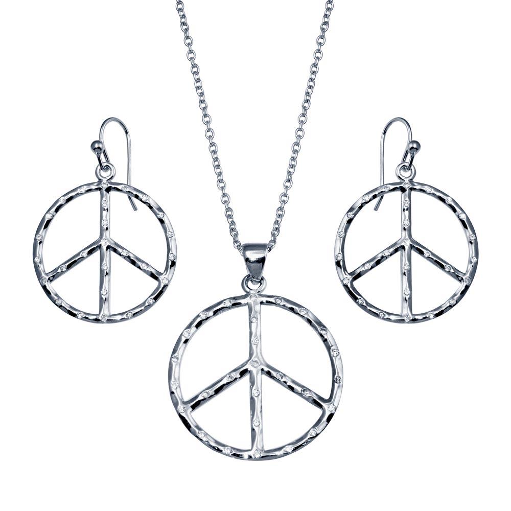 Closeout-Silver 925 Rhodium Plated Open Peace Sign CZ Dangling Hook Earring and Necklace Set - STS00219