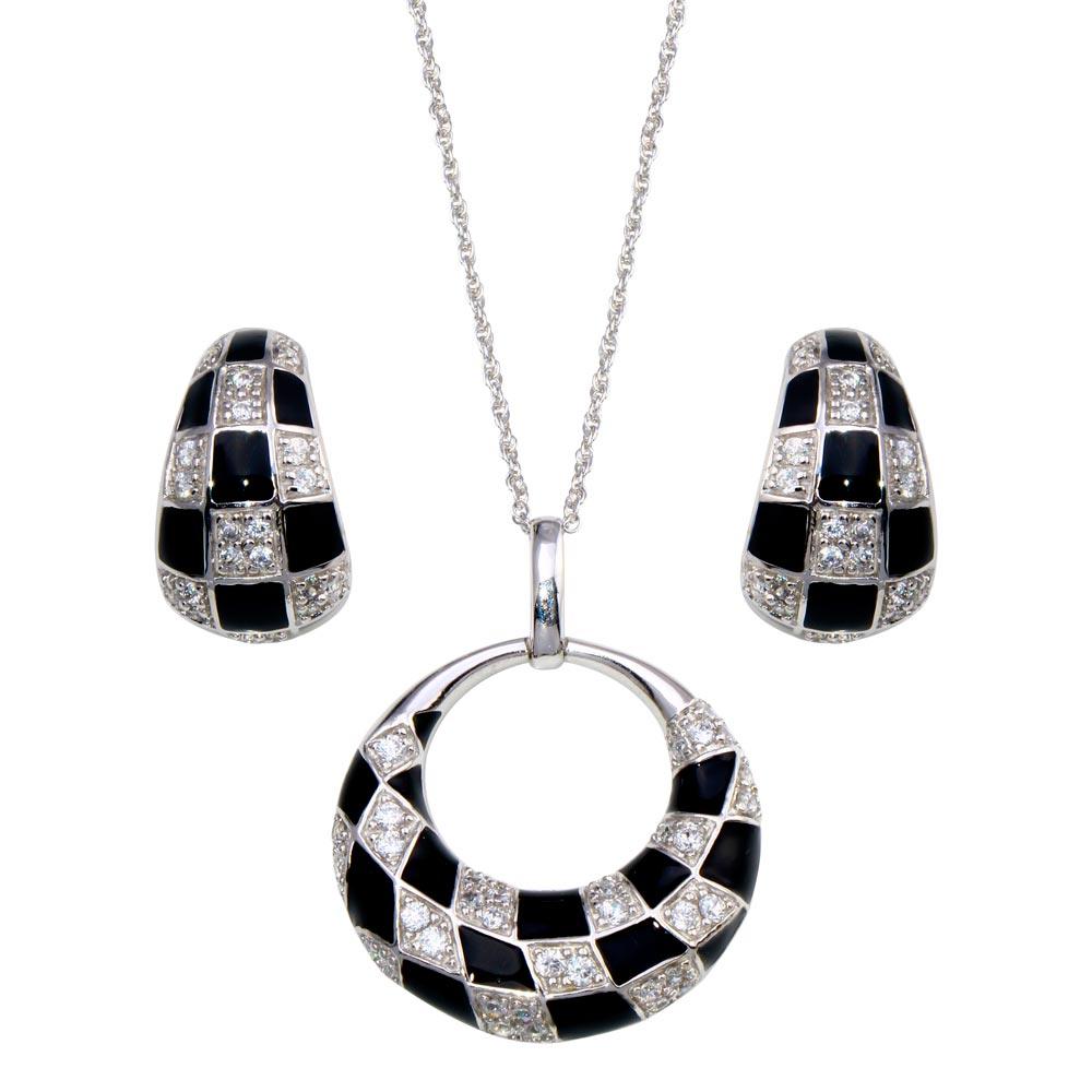 Closeout-Silver 925 Rhodium Plated Open Circle Checkered CZ Crescent Stud Earring and Necklace Set - STS00223