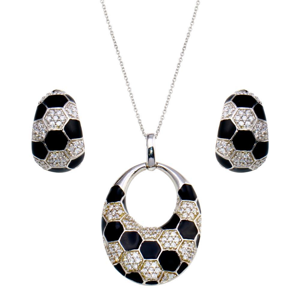 Closeout-Silver 925 Rhodium Plated Open Circle Checkered CZ Crescent Earring and Necklace Set - STS00224