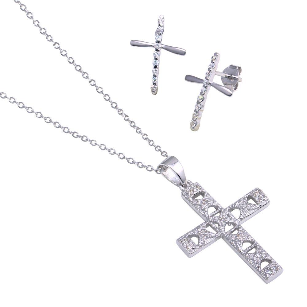 Silver 925 Rhodium Plated Cross CZ Stud Earring and Necklace Set - STS00238