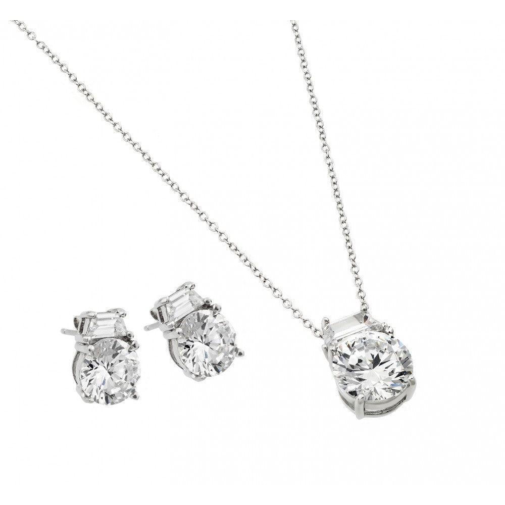 Silver 925 Rhodium Plated Round CZ Stud Earring and Necklace Set - STS00256