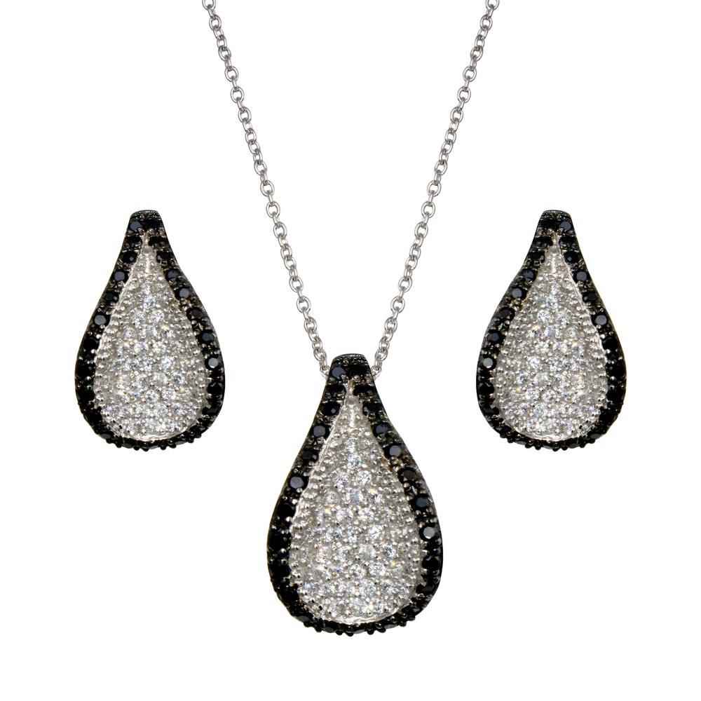 Closeout-Silver 925 Black and Rhodium Plated Teardrop Black CZ Lever Back Set - STS00277