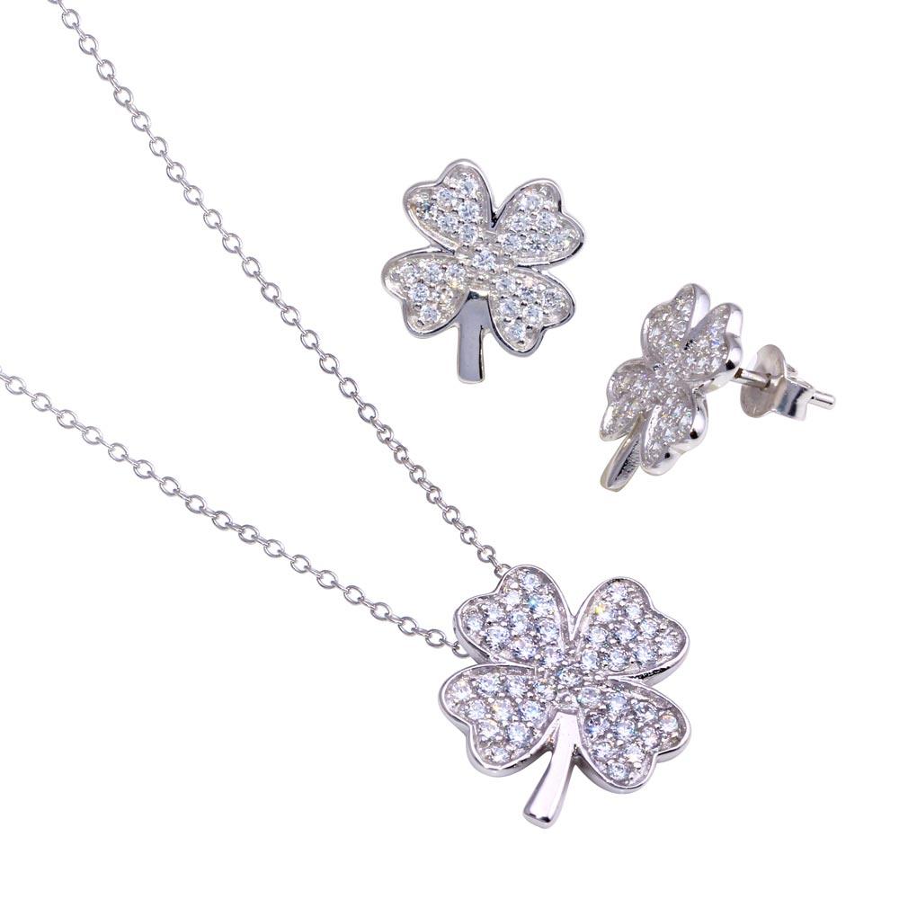 Silver 925 Rhodium Plated Clover CZ Stud Earring and Necklace Set - STS00278