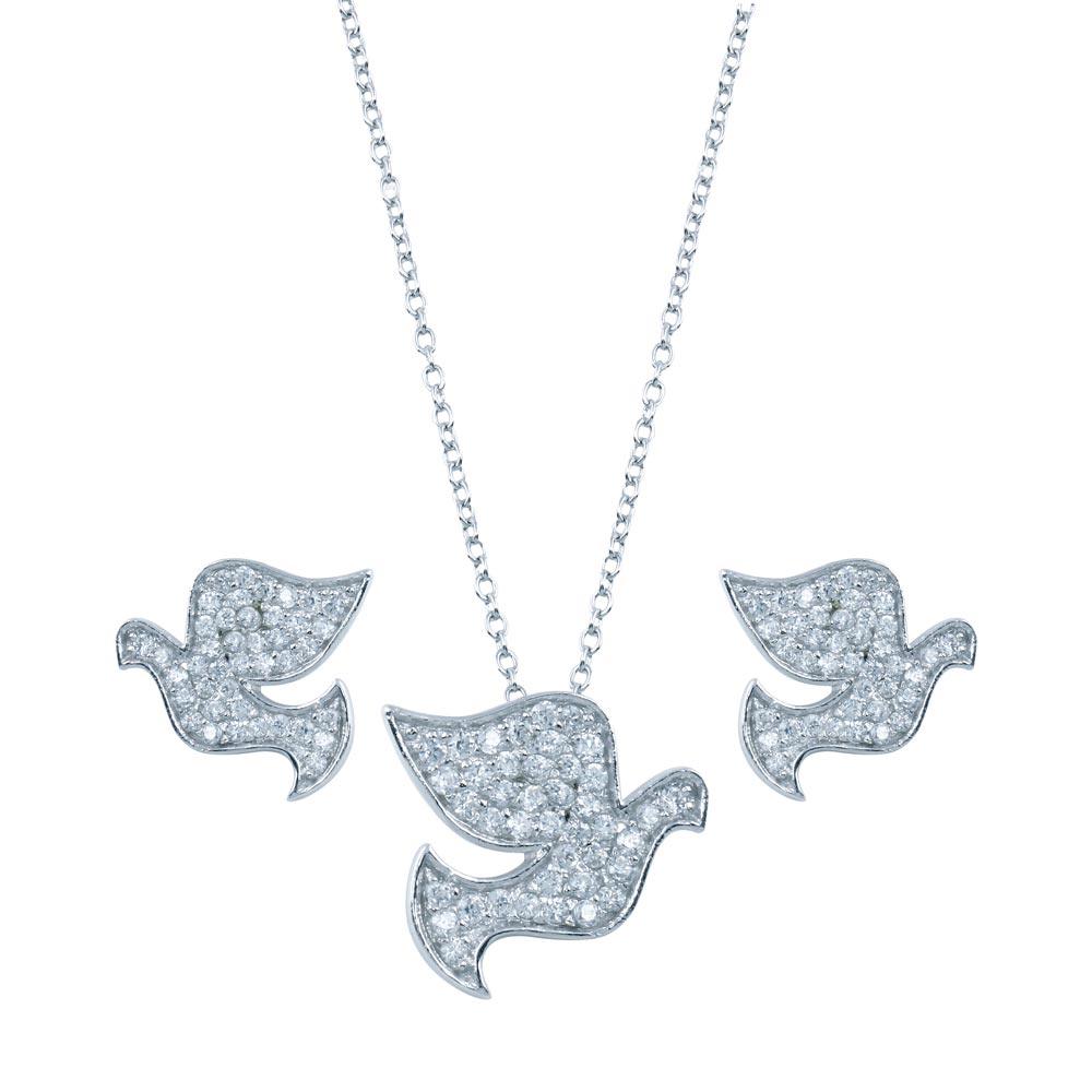 Rhodium Plated 925 Sterling Silver Dove CZ Stud Earring and Necklace Set - STS00285