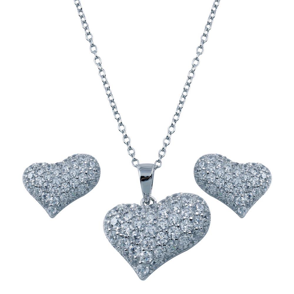 Rhodium Plated 925 Sterling Silver Heart CZ Stud Earring and Necklace Set - STS00299