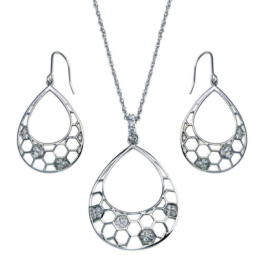 Closeout-Silver 925 Rhodium Plated Open Teardrop CZ Dangling Hook Earring and Necklace Set - STS00316