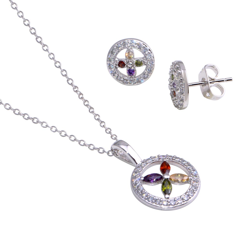 Silver 925 Rhodium Plated Open Circle Multicolor Flower CZ Stud Earring and Necklace Set - STS00319