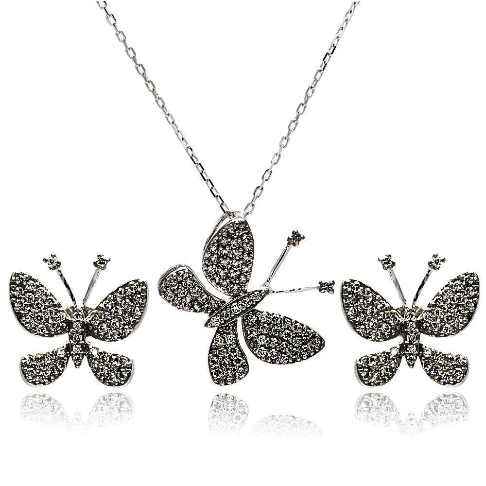 Silver 925 Rhodium Plated Black Butterfly CZ Stud Earring and Necklace Set - STS00324BLACK