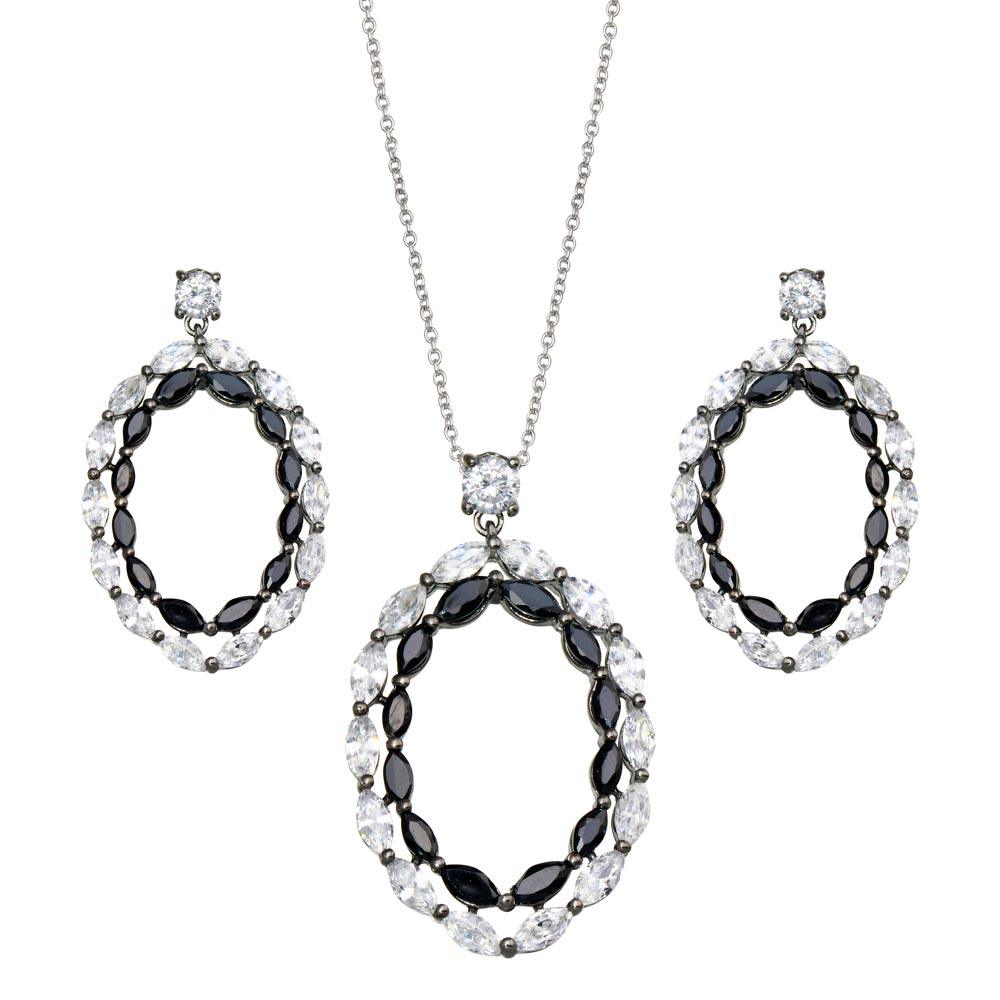 Closeout-Silver 925 Rhodium Plated Open Marquis Black and Clear CZ Dangling Earring and Necklace Set - STS00343