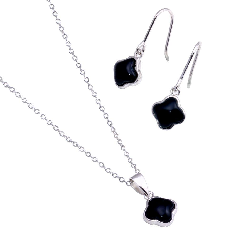 Silver 925 Rhodium Plated Black Onyx Flower Dangling Hook Earring and Necklace Set - STS00354