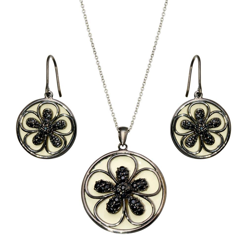 Closeout-Silver 925 Black Rhodium Plated Flower White Enamel CZ Dangling Set - STS00376