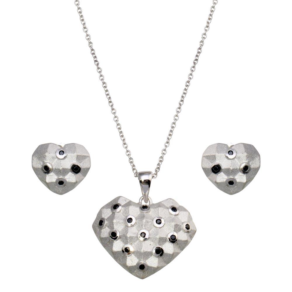 Closeout-Silver 925 Rhodium Plated Black Polka Dot Heart CZ Set - STS00380