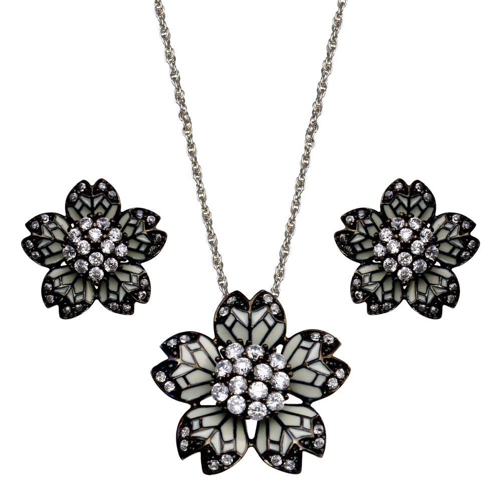 Closeout-Silver 925 Black Rhodium Plated Flower White Enamel CZ Set - STS00388