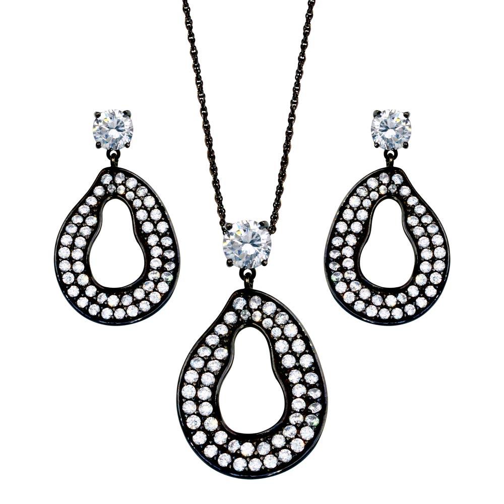 Closeout-Silver 925 Rhodium Plated Open Oval CZ Dangling Stud Earring and Necklace Set - STS00393