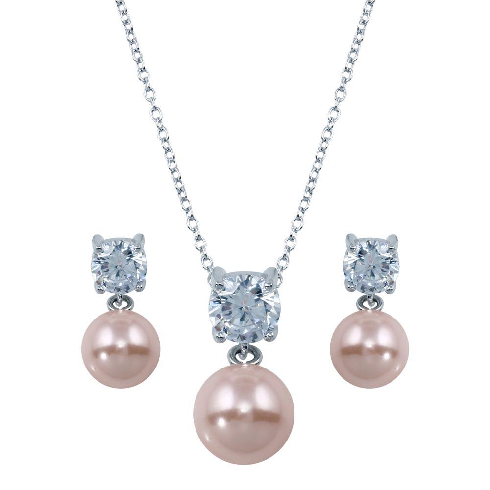 Rhodium Plated 925 Sterling Silver Pink Pearl Dangling Stud Earring and Necklace Set - STS00427