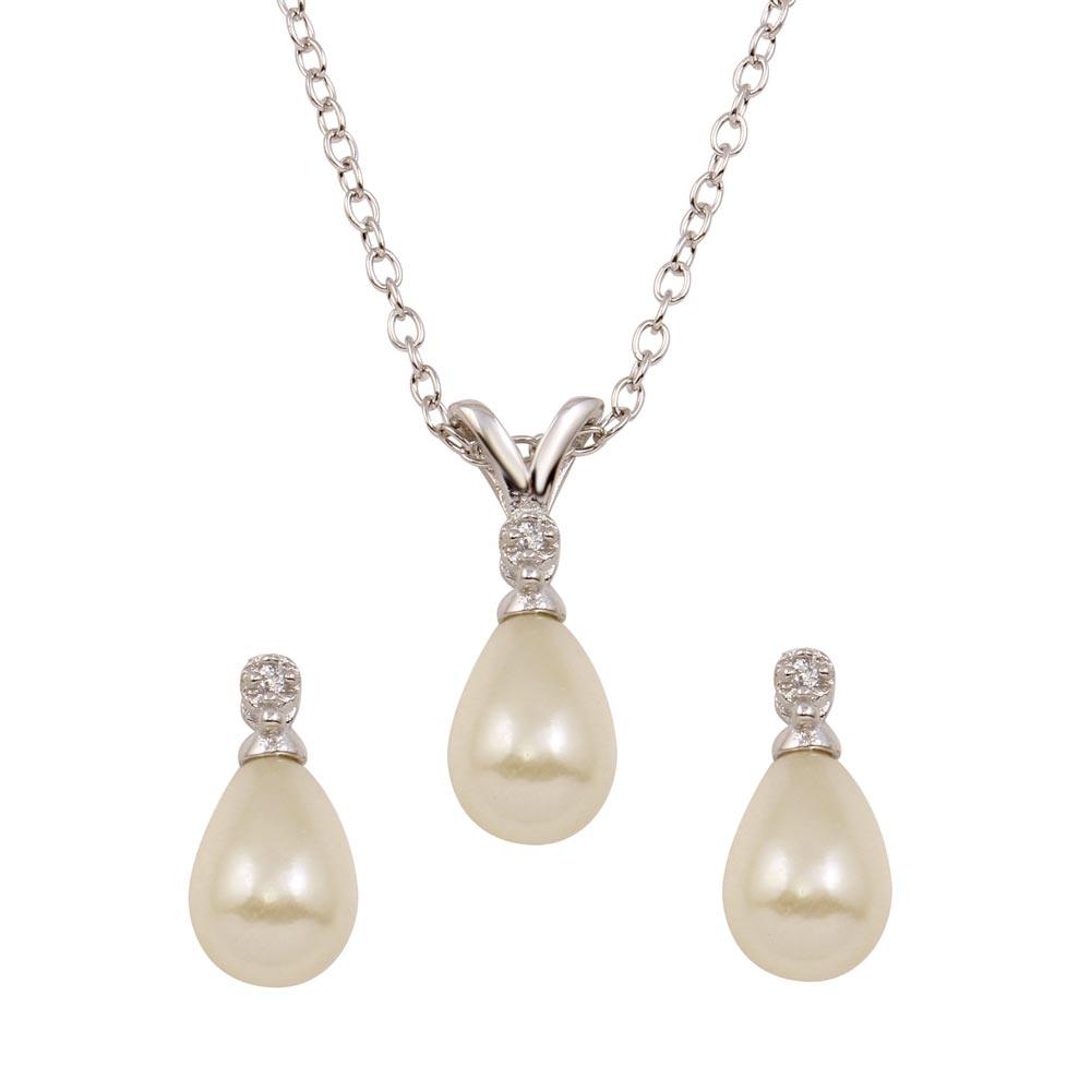 Rhodium Plated 925 Sterling Silver Tear Drop Pear Earrings and Necklace set with CZ - STS00450