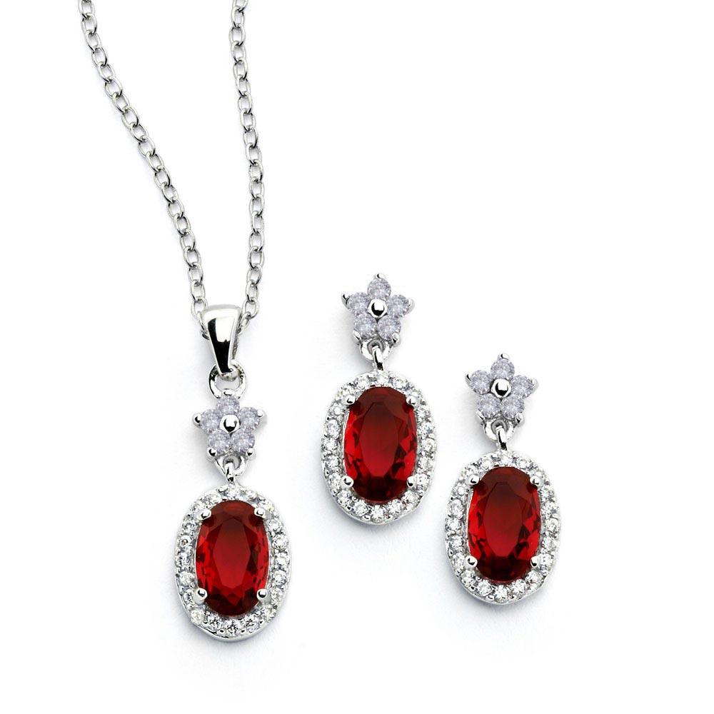 Silver 925 Rhodium Plated Flower Round Red CZ Dangling Stud Earring and Necklace Set STS00473