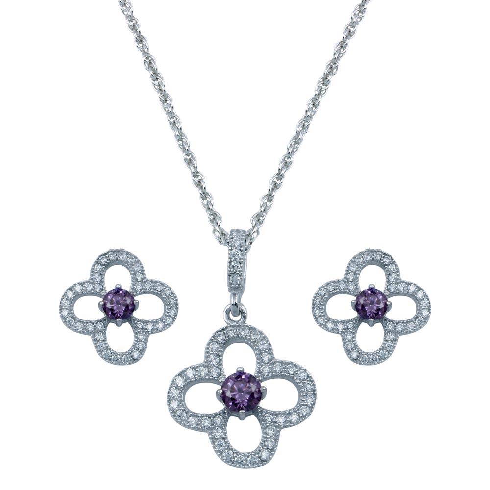 Rhodium Plated 925 Sterling Silver Open Flower Purple Small Round CZ Stud Earring and Necklace Set - STS00474