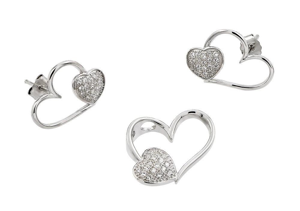 Silver 925 Rhodium Plated Open Heart CZ Stud Earring and Necklace Set - STS00477