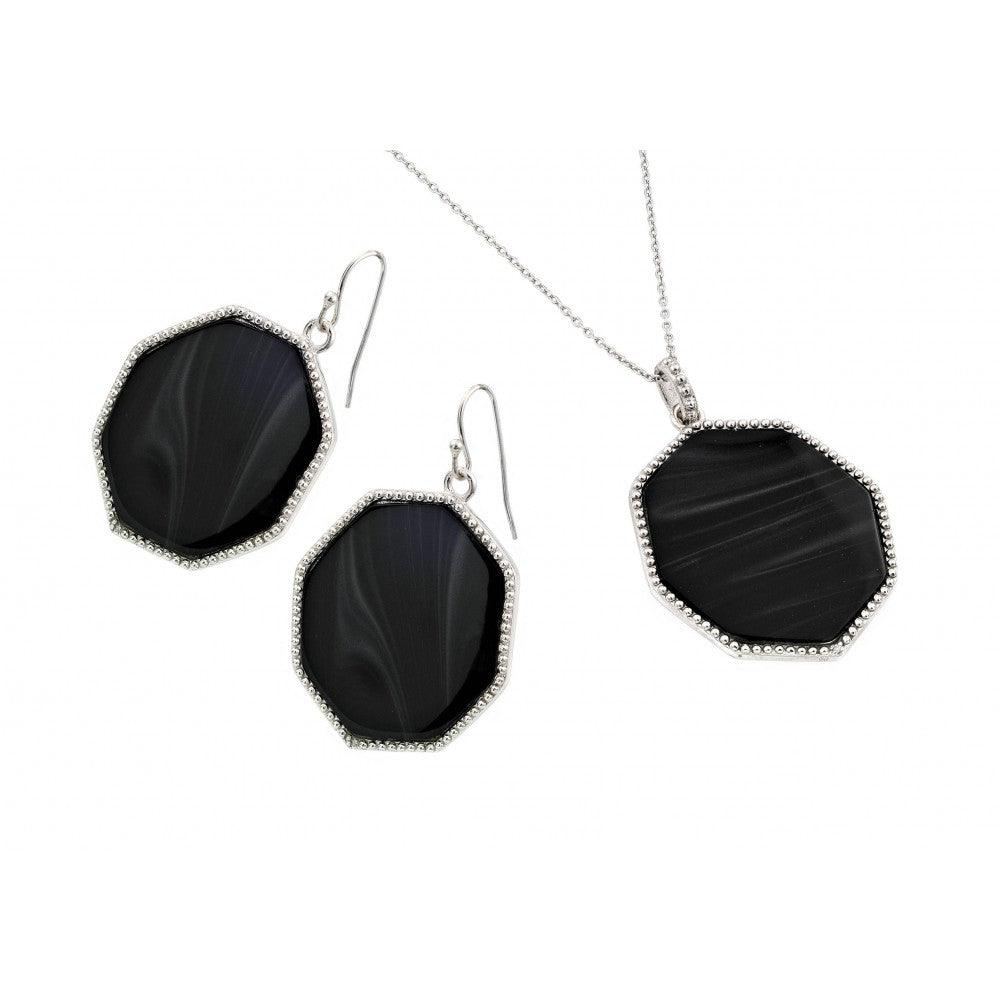 Silver 925 Rhodium Plated Black Octagon CZ Dangling Hook Earring and Necklace Set - STS00482