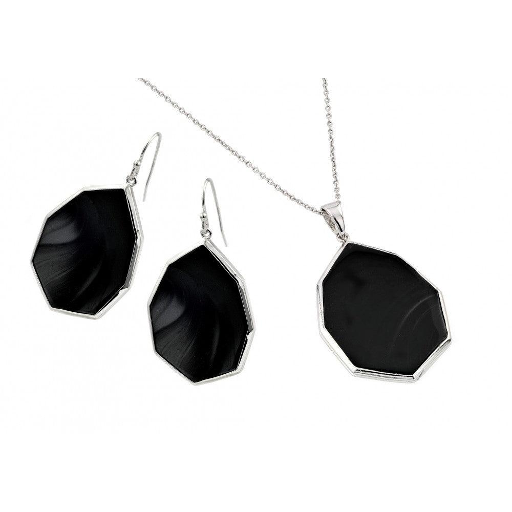 Silver 925 Rhodium Plated Teardrop Octagon Dangling Hook Earring and Necklace Set - STS00483