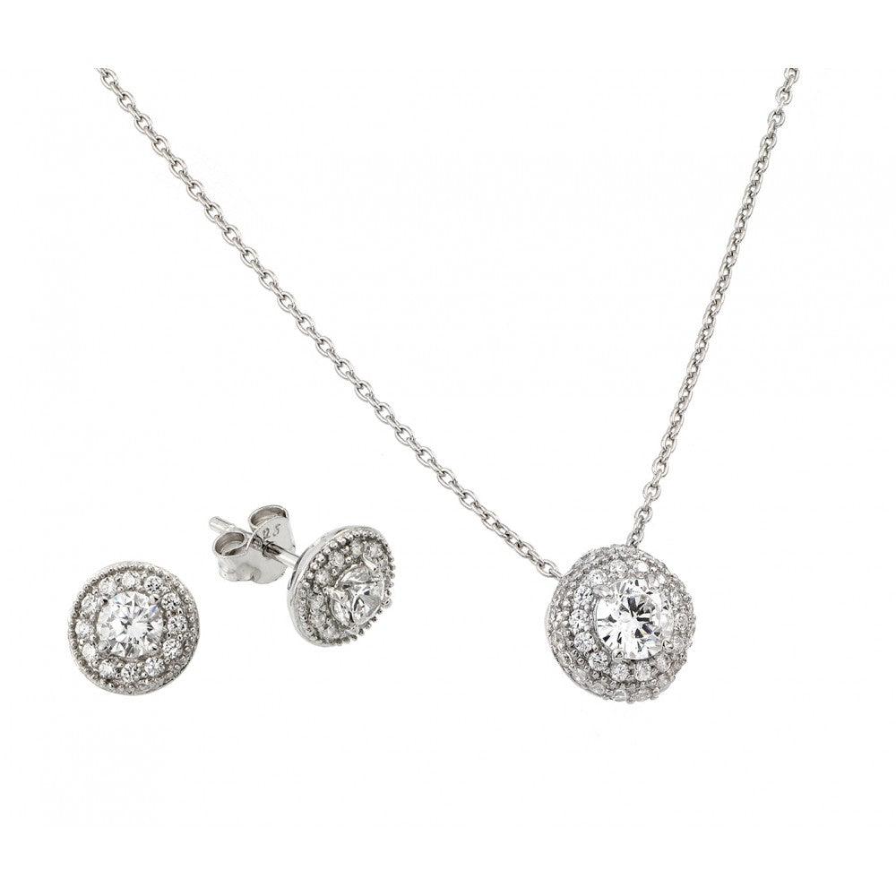 Silver 925 Rhodium Plated Round CZ Stud Earring and Necklace Set - STS00484