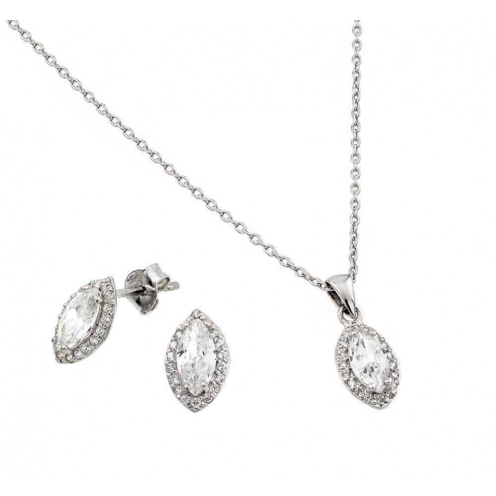 Silver 925 Rhodium Plated Marquis CZ Stud Earring and Necklace Set - STS00485CZ