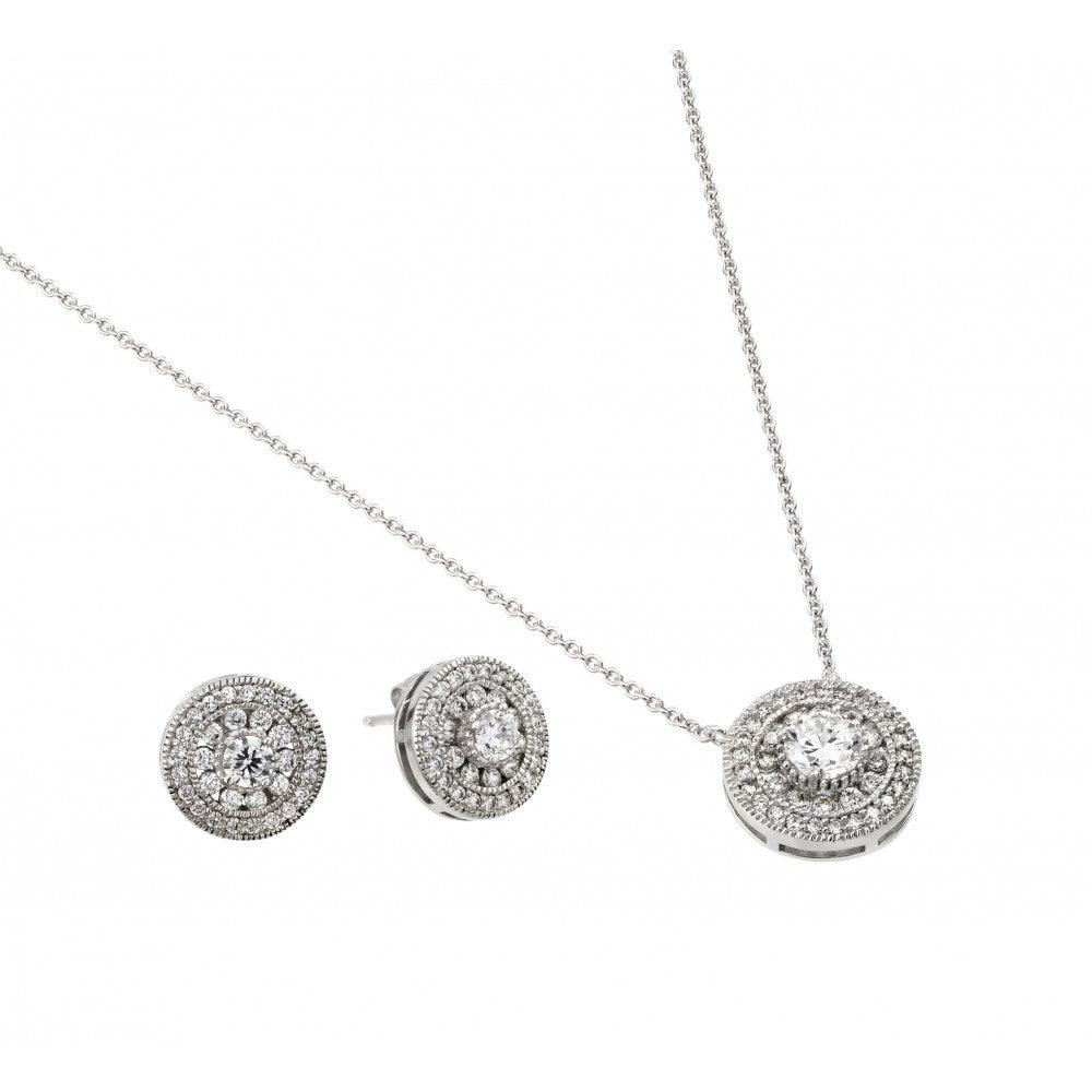 Silver 925 Rhodium Plated Round CZ Stud Earring and Necklace Set - STS00489