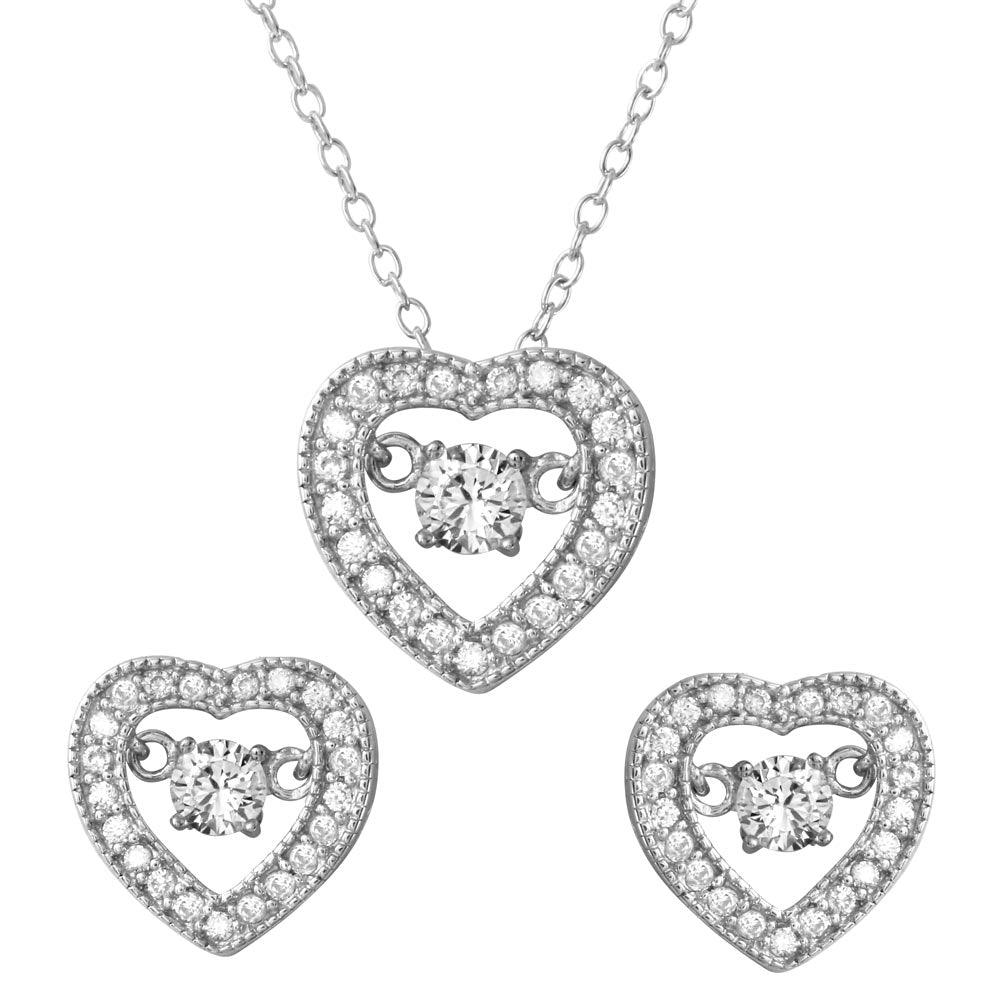 Rhodium Plated 925 Sterling Silver Open Heart with Hanging Round CZ in the Center Set - STS00490