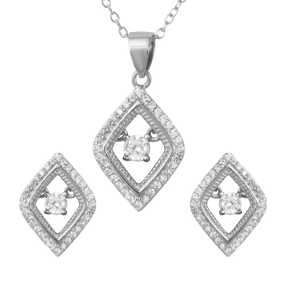 Rhodium Plated 925 Sterling Silver Open Diamond Shaped Set with Dangling Round CZ in the Center - STS00491