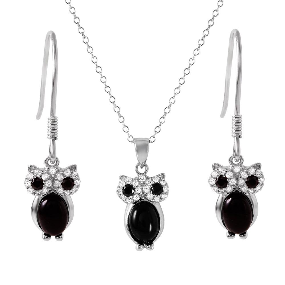 Silver 925 Rhodium Plated Black Stone Owl Set - STS00493