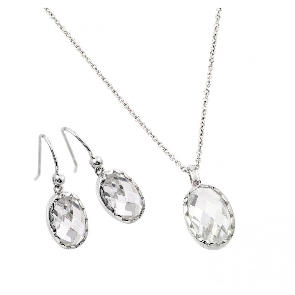 Silver 925 Rhodium Plated Hand Cut Pineapple Cut CZ Oval Set - STS00504